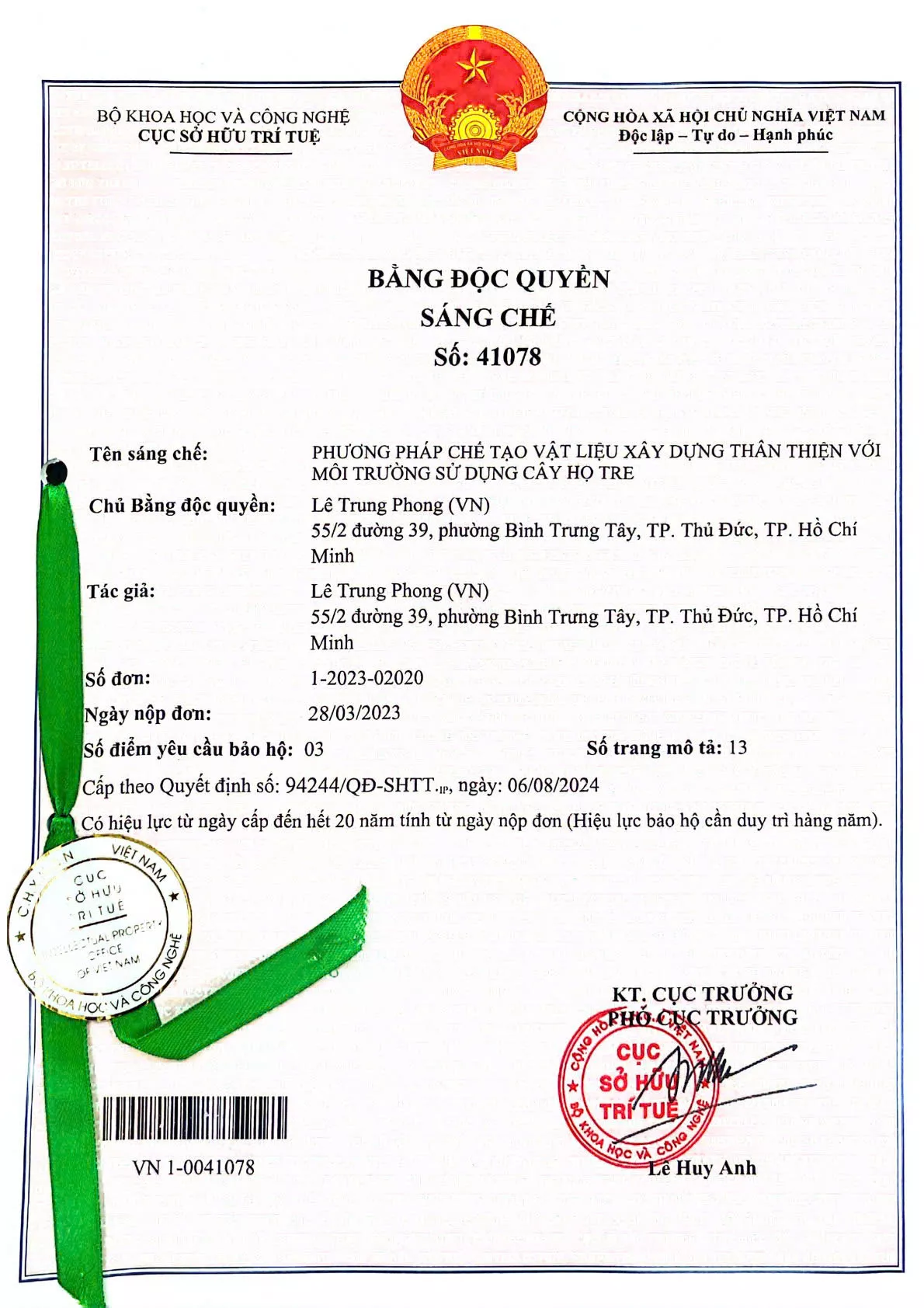 Bằng độc quyền sáng chế: Phương pháp chế tạo vật liệu thân thiện với môi trường sử dụng cây họ tre
