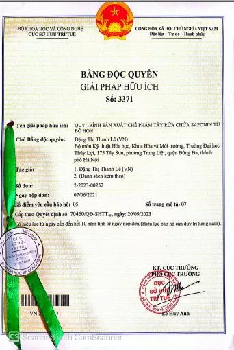 Bằng Độc quyền Giải pháp hữu ích số 3371 về Quy trình sản xuất chế phẩm tẩy rửa chứa Saponin từ bồ hòn