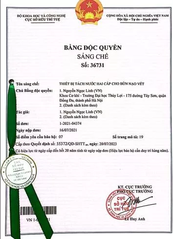 Bằng độc quyền sáng chế số 36731 về Thiết bị tách nước hai cấp cho bùn nạo vét