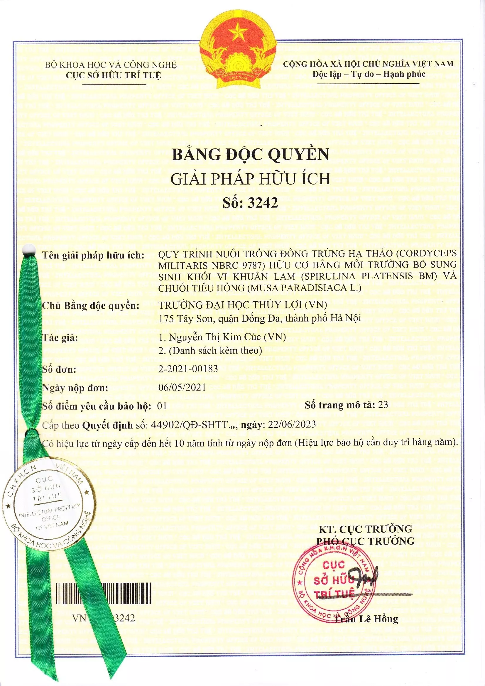 Giảng viên Trường Đại học Thủy lợi nhận Bằng Độc quyền Giải pháp hữu ích số 3242