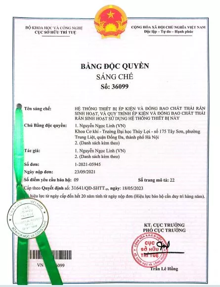 Giảng viên Trường Đại học Thủy lợi nhận Bằng Độc quyền sáng chế