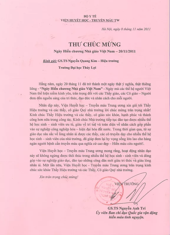 Thư chúc mừng ngày Hiến chương Nhà giáo Việt Nam của Viện Huyết học – Truyền máu trung ương