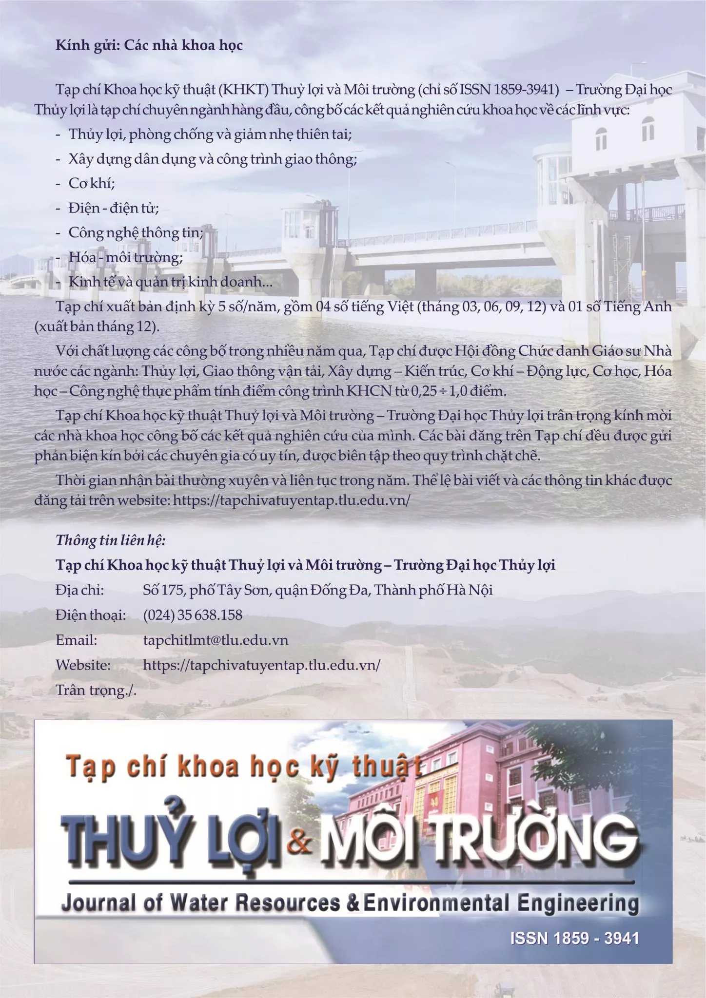 Thư mời đăng bài trên Tạp chí KHKT Thủy lợi và Môi trường số Tiếng Việt và Tiếng Anh