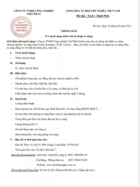 Công ty TNHH thương mại Việt Phát tuyển dụng